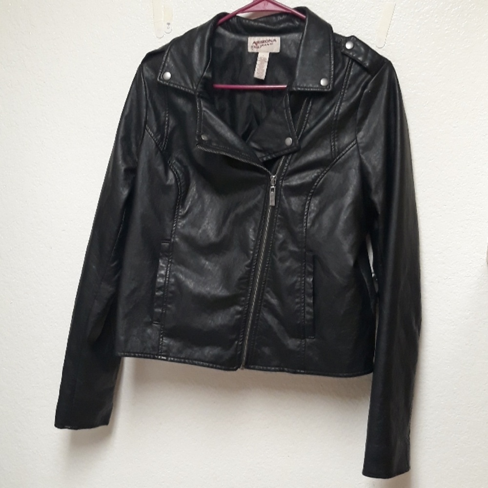 A black 100% polyester imitation leather jacket